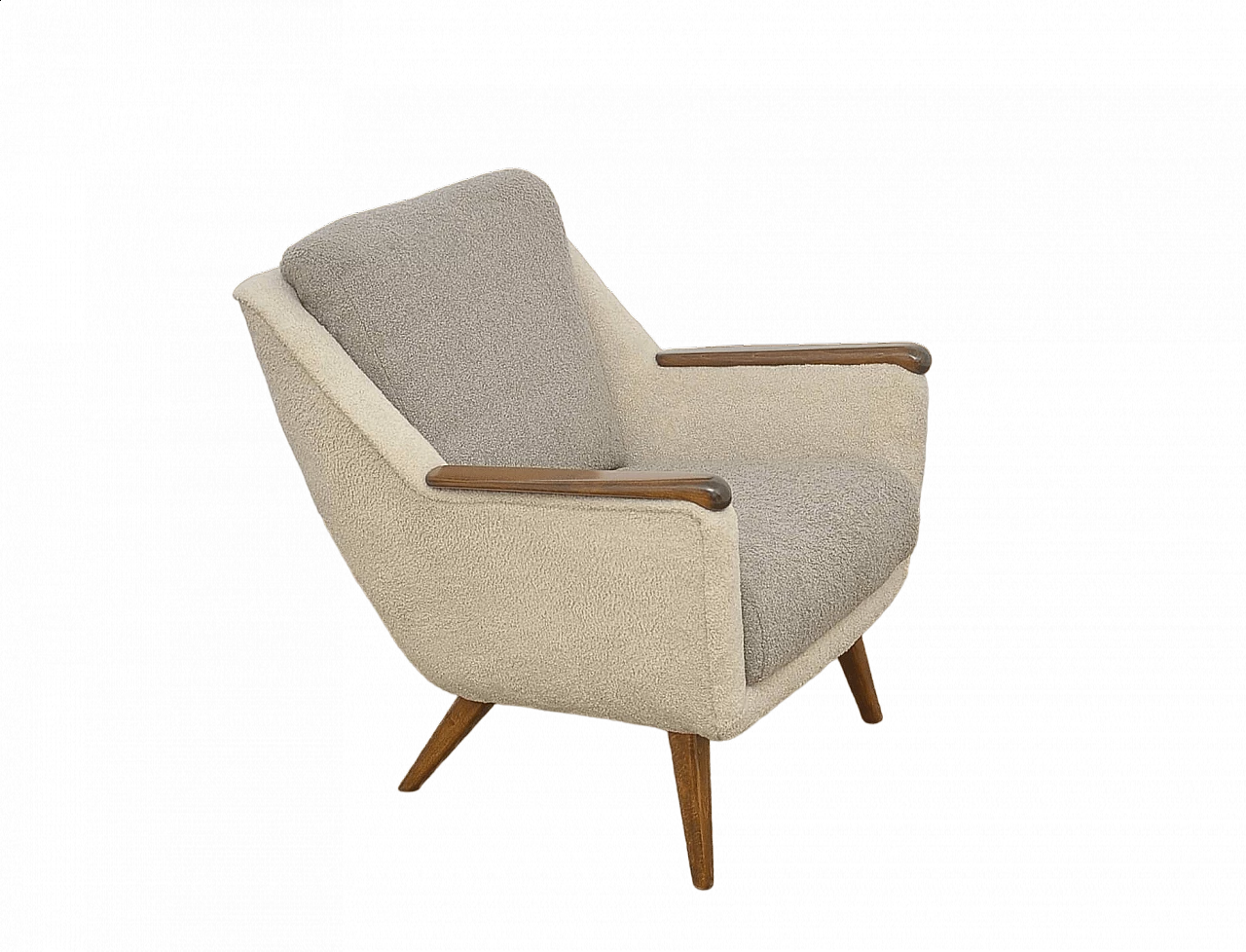 Beech and gray and beige bouclé fabric armchair, 1960s 14
