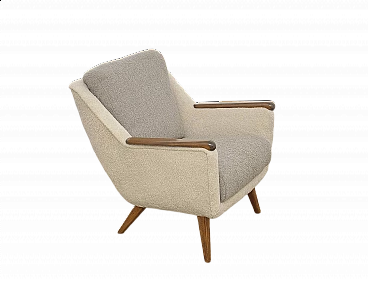 Beech and gray and beige bouclé fabric armchair, 1960s