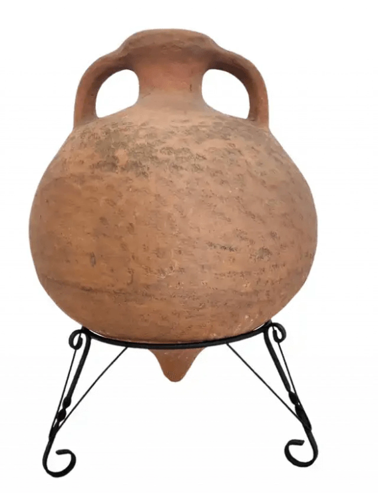 Vaso di terracotta modellato a mano con supporto in ferro verniciato nero, anni '50 1