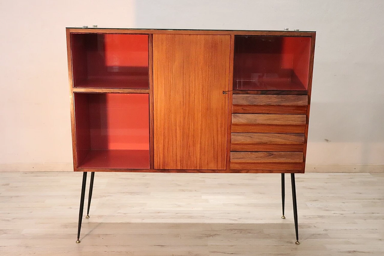 Rosewood, metal, mirror and glass bar cabinet, 1960s 5