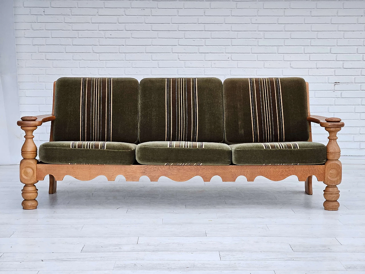 Danish three-seater velvet and oak sofa, 1970s 2