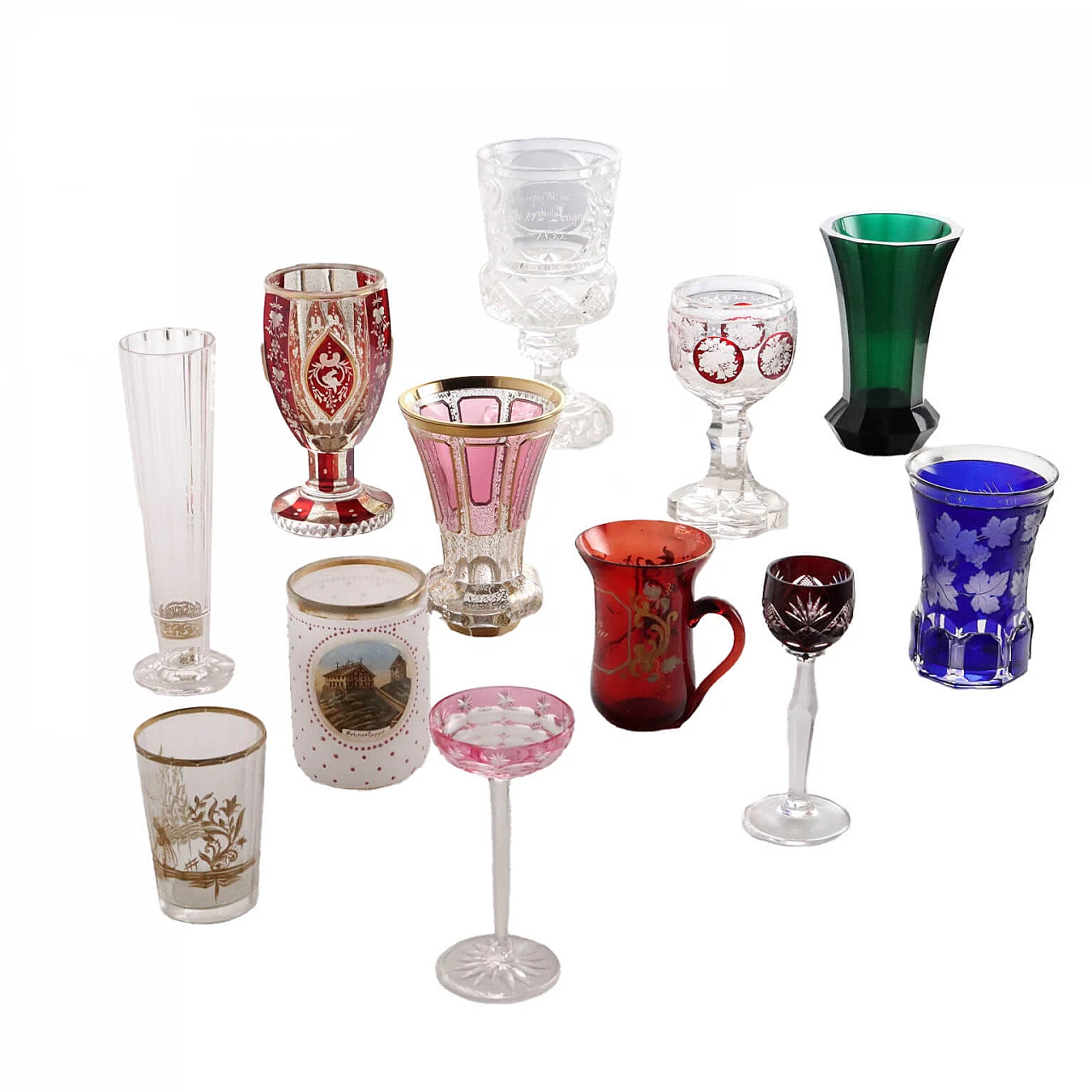 12 Glasses of different shapes and colors, 19th century 1