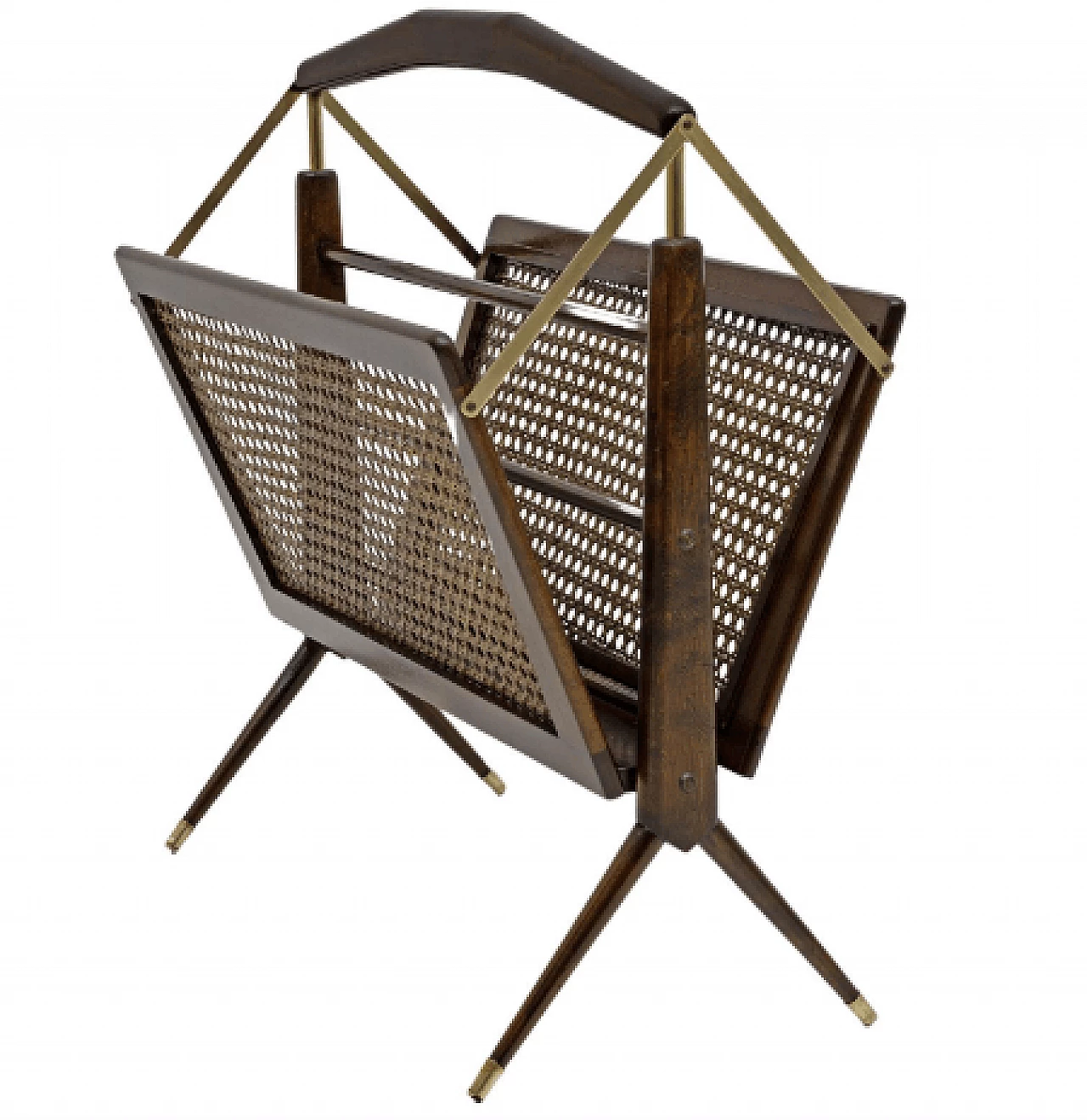 Walnut, brass and wicker magazine rack by Cesare Lacca, 1950s 1