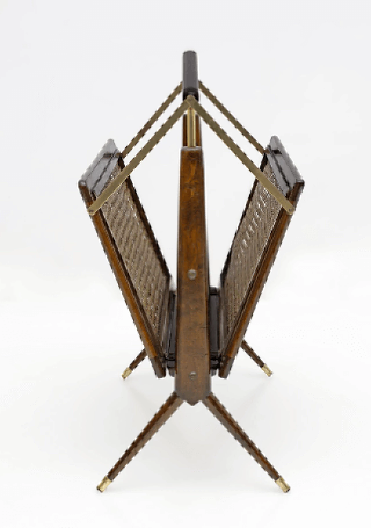 Walnut, brass and wicker magazine rack by Cesare Lacca, 1950s 2