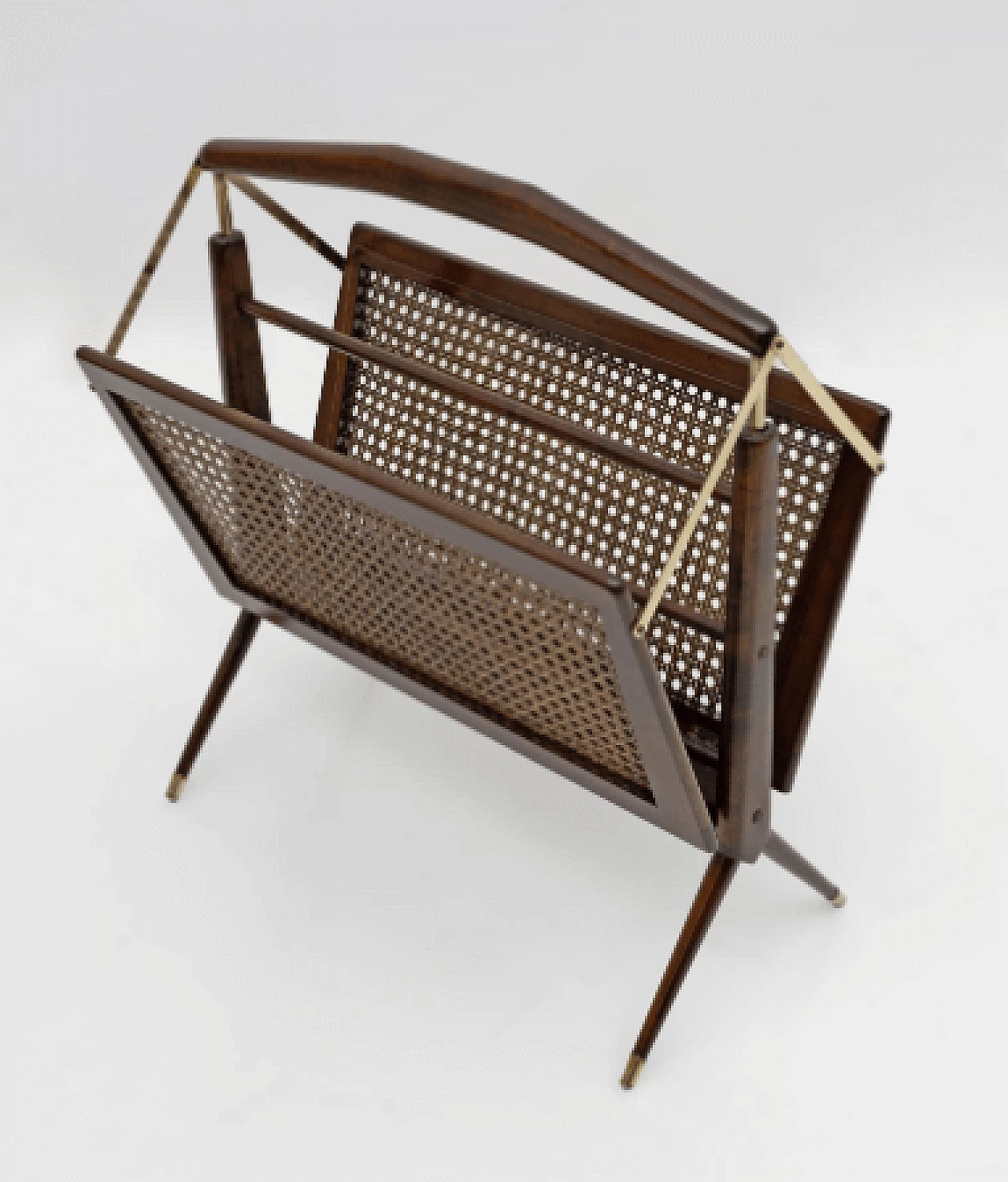 Walnut, brass and wicker magazine rack by Cesare Lacca, 1950s 4