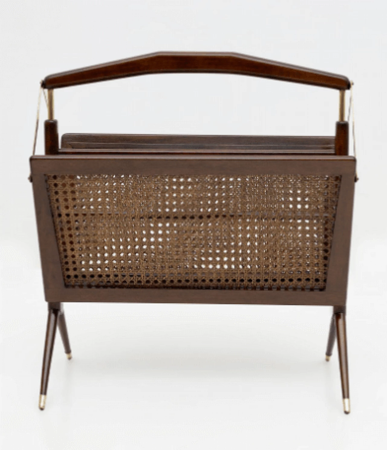 Walnut, brass and wicker magazine rack by Cesare Lacca, 1950s 5