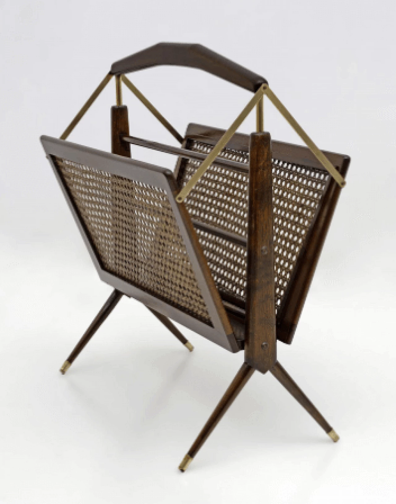 Walnut, brass and wicker magazine rack by Cesare Lacca, 1950s 6