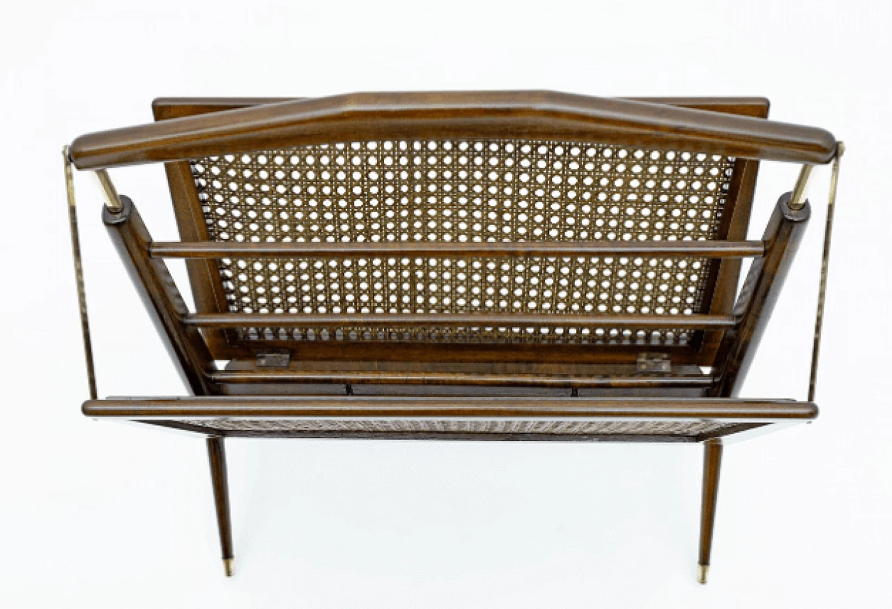 Walnut, brass and wicker magazine rack by Cesare Lacca, 1950s 7