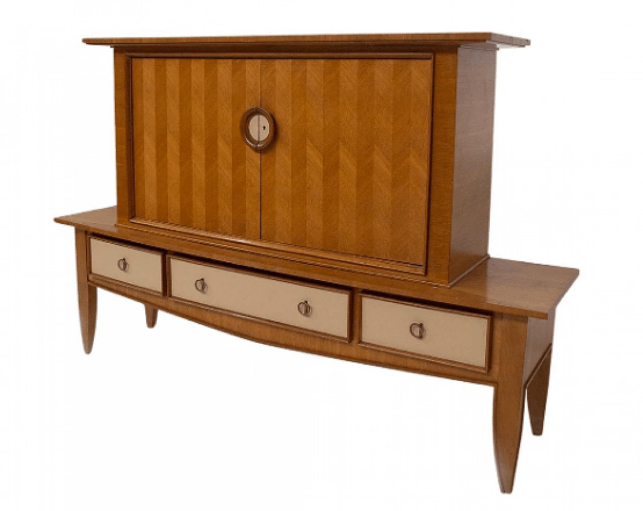 Wood, leather and brass sideboard attributed to Maxime Old, 1950s 1
