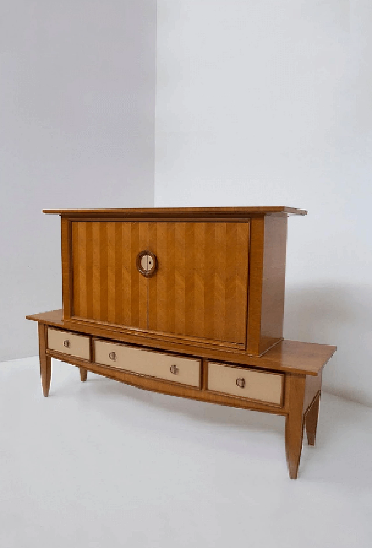 Wood, leather and brass sideboard attributed to Maxime Old, 1950s 2