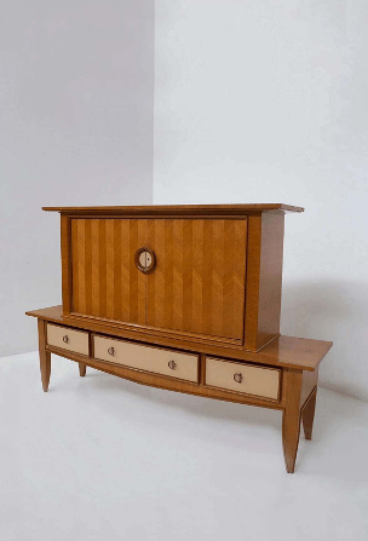 Credenza in legno, pelle e ottone attribuita a Maxime Old, anni '50 2