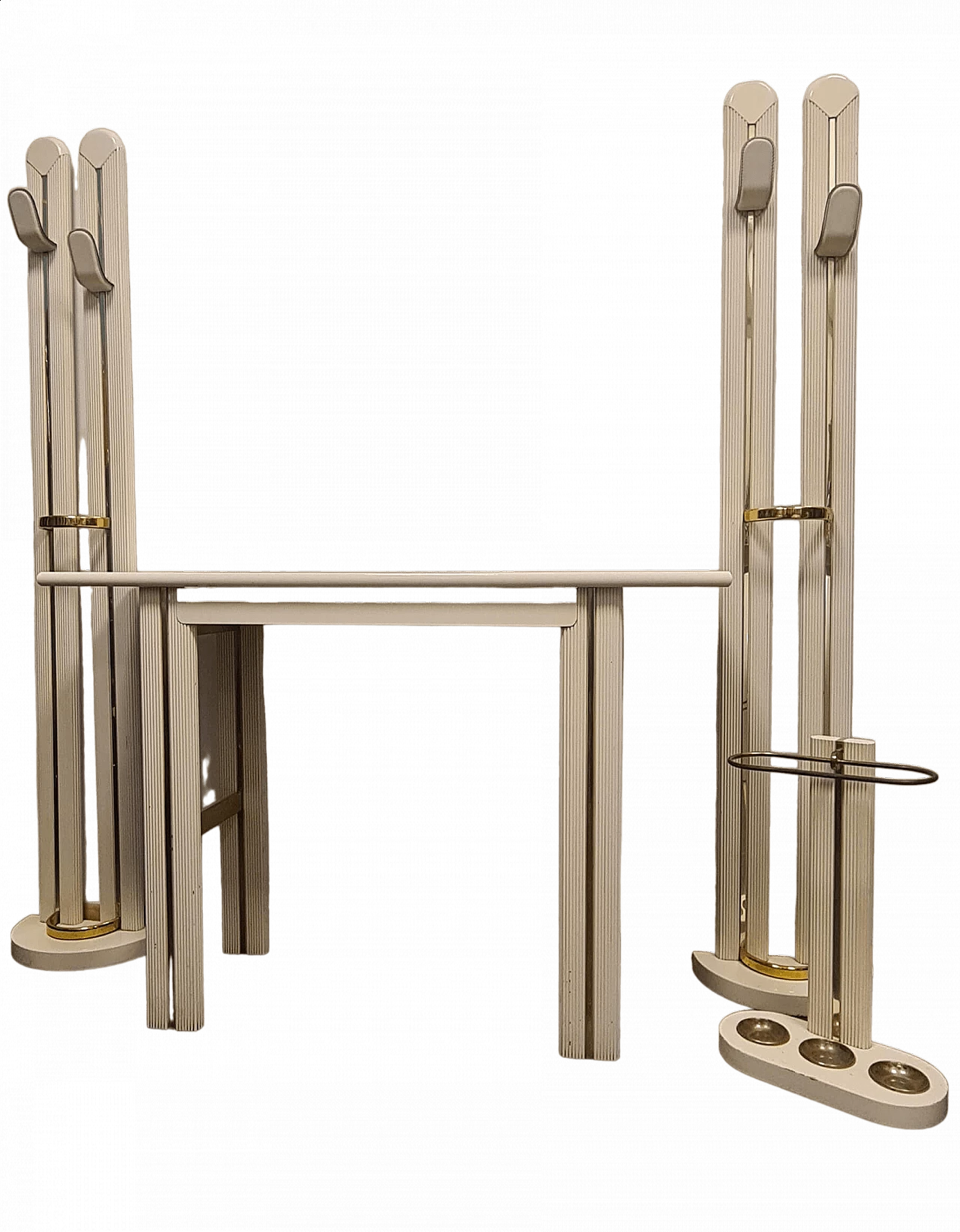 Console table, pair of coat stand and umbrella stand in ivory lacquered wood with brass details, 1980s 7