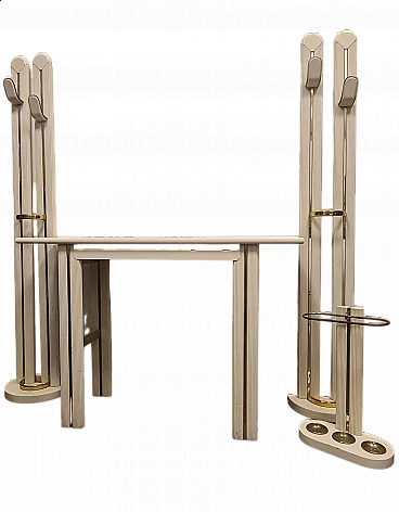 Console table, pair of coat stand and umbrella stand in ivory lacquered wood with brass details, 1980s