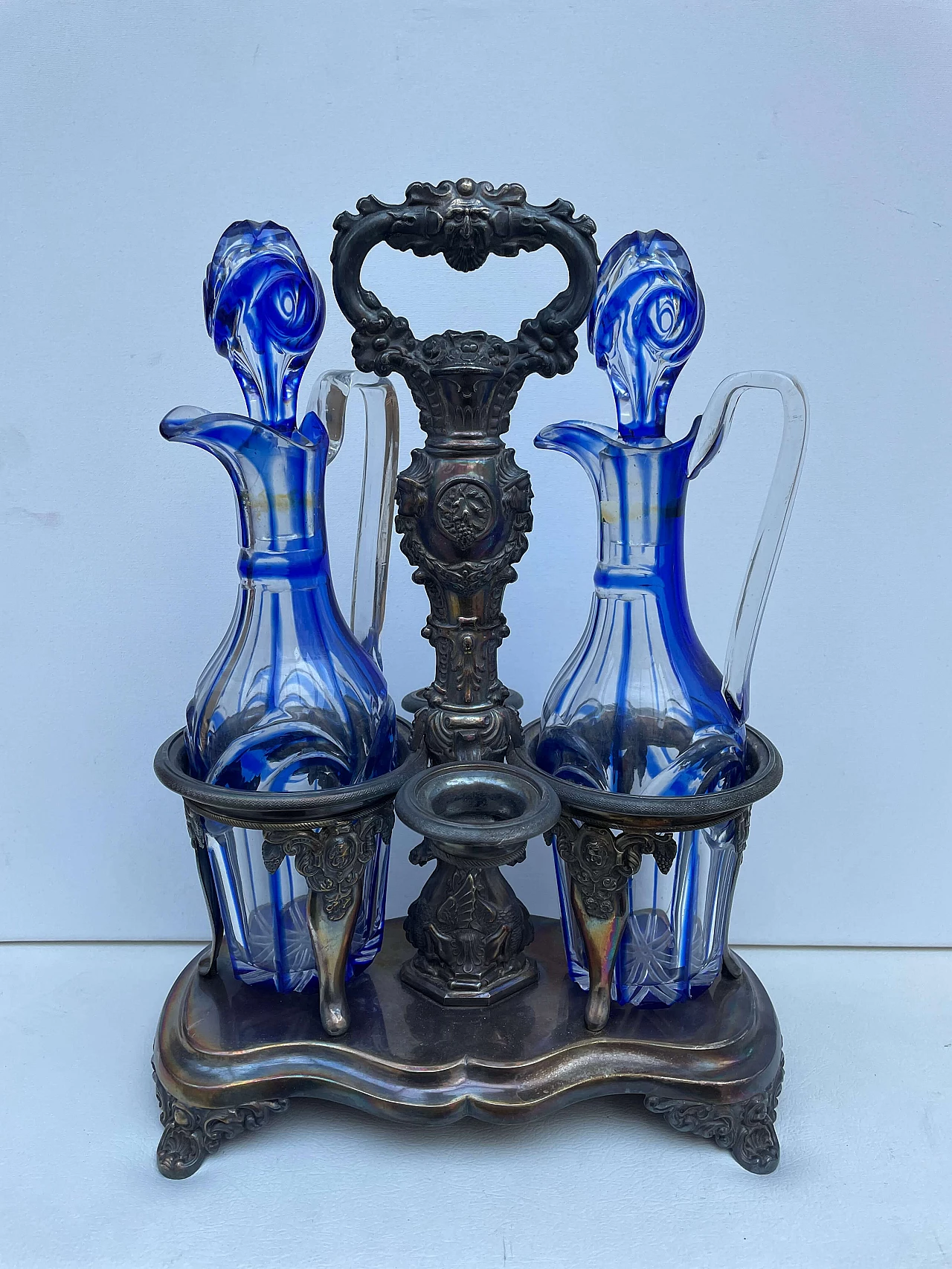 Blue glass oil and vinegar cruets with silver stand, 1820 1