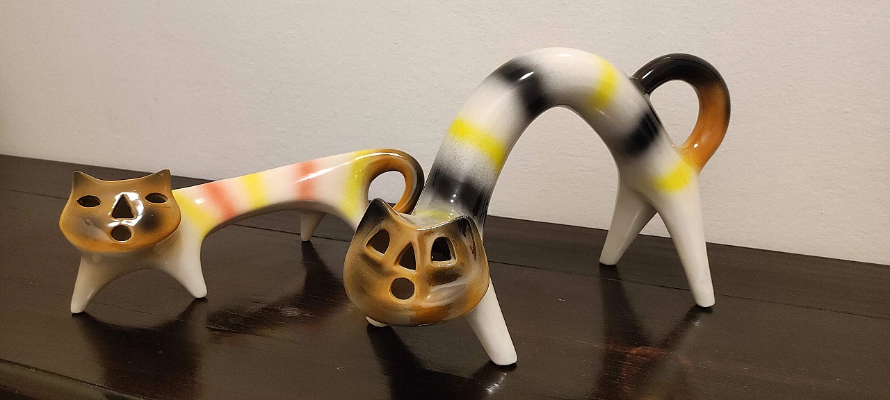 Pair of coloured ceramic cats by Roberto Rigon, 1970s 4
