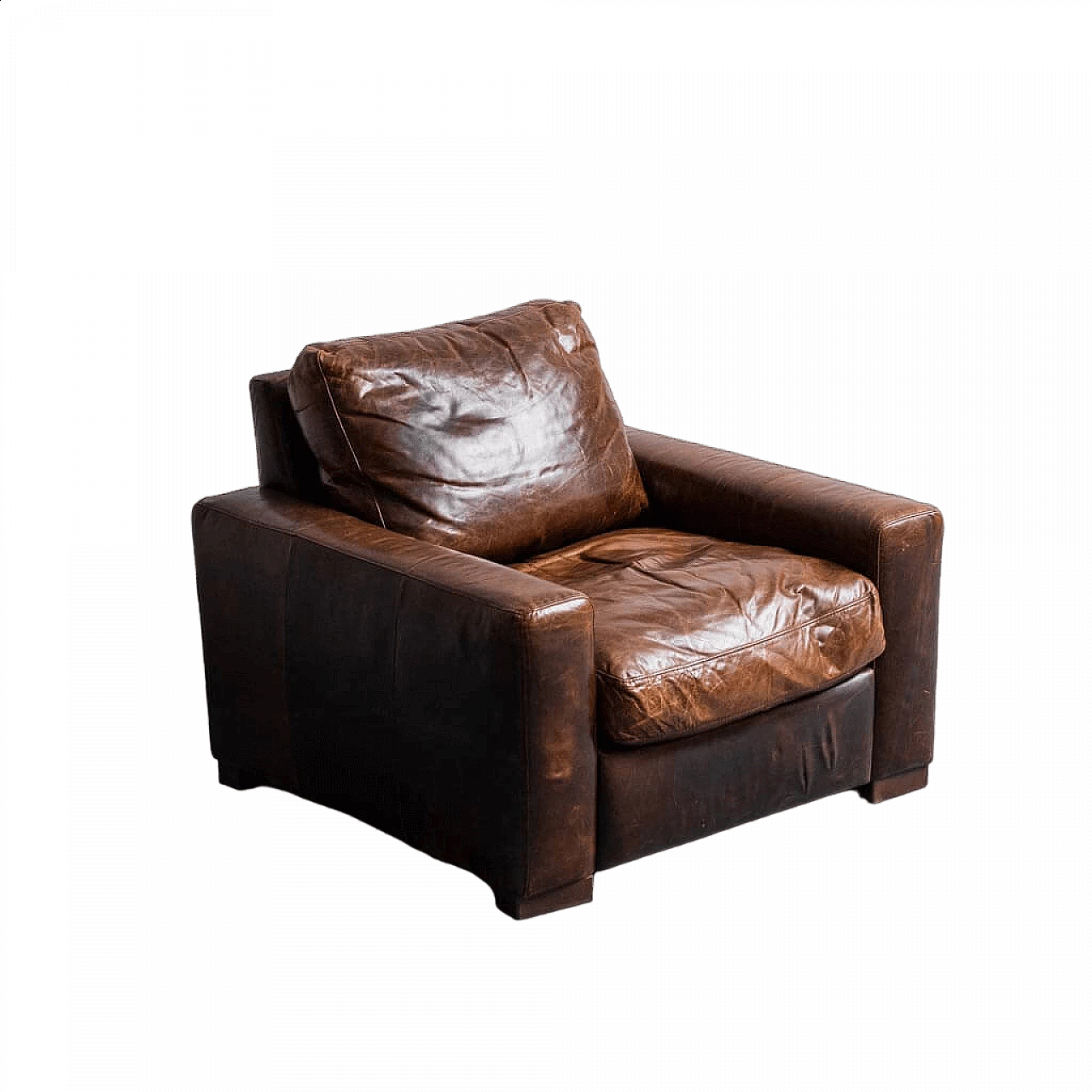 Wood and brown hide armchair, 1990s 11