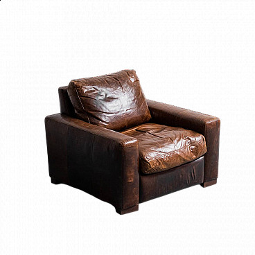Wood and brown hide armchair, 1990s