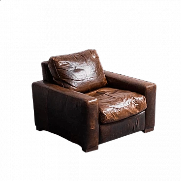 Wood and brown hide armchair, 1990s