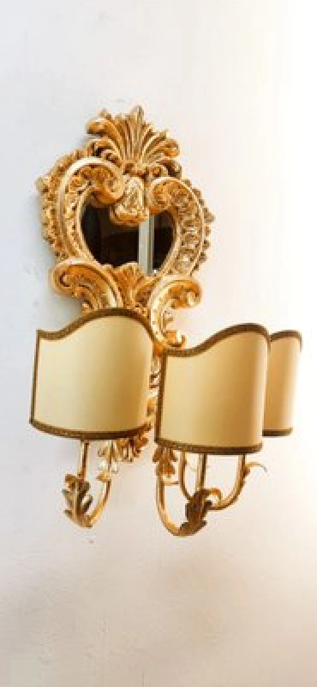 Applique a tre luci in legno dorato e pergamena con specchio, anni '60 15