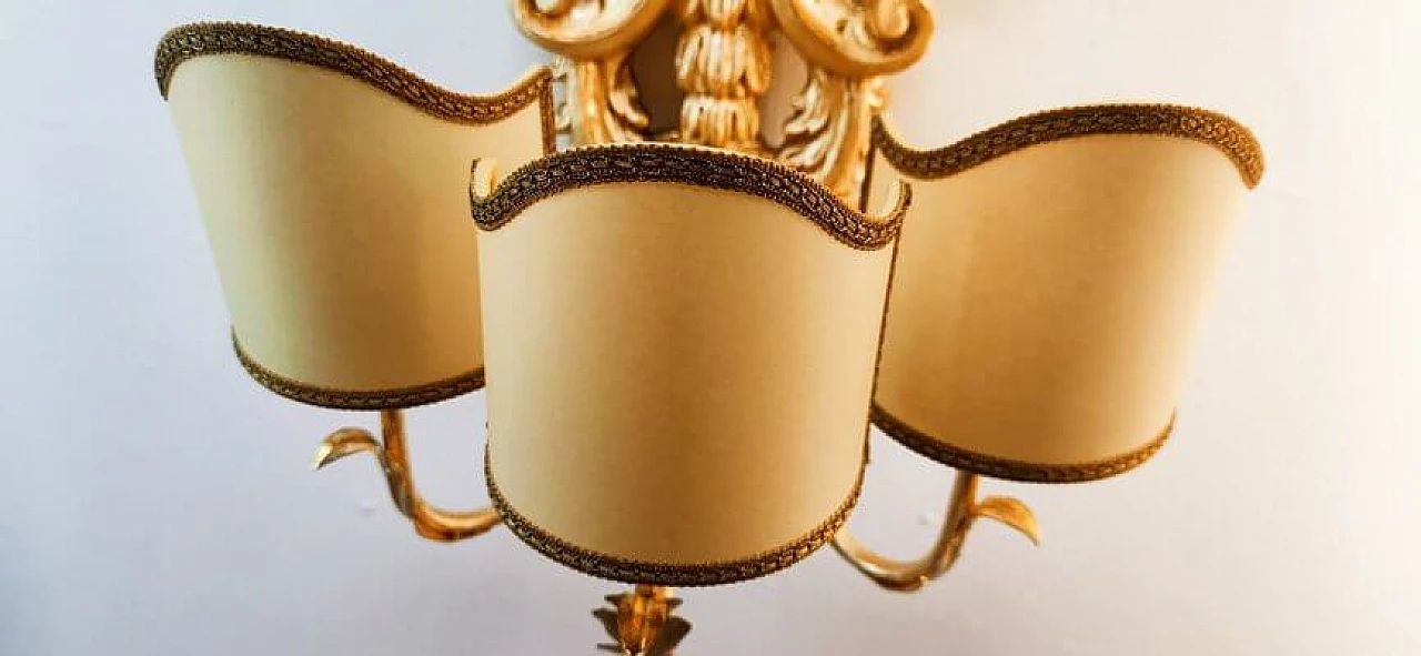 Applique a tre luci in legno dorato e pergamena con specchio, anni '60 20