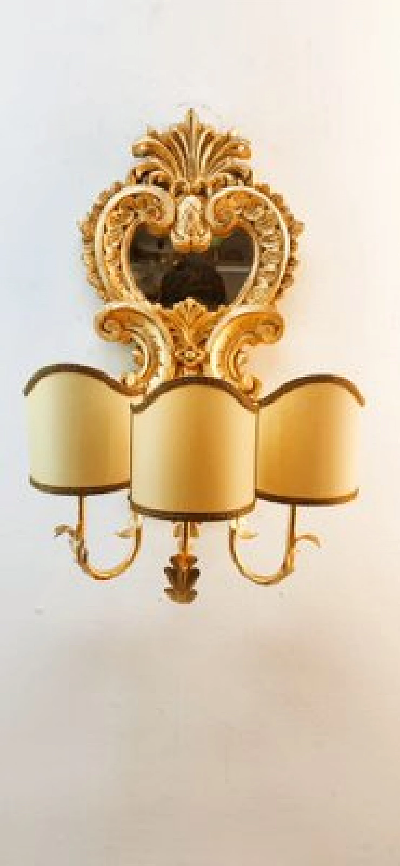 Applique a tre luci in legno dorato e pergamena con specchio, anni '60 23