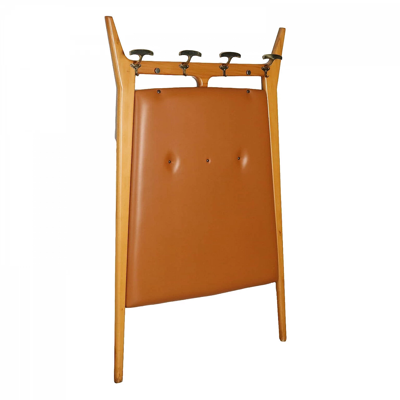 Beech and brass wall-mounted coat rack with leatherette covering, 1950s 1