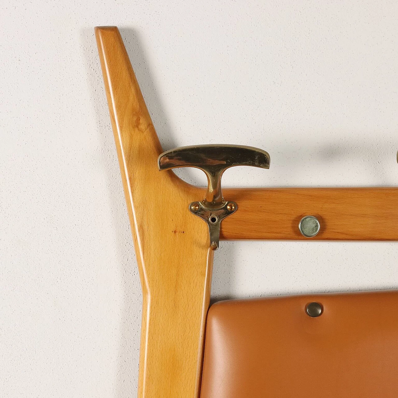 Beech and brass wall-mounted coat rack with leatherette covering, 1950s 3