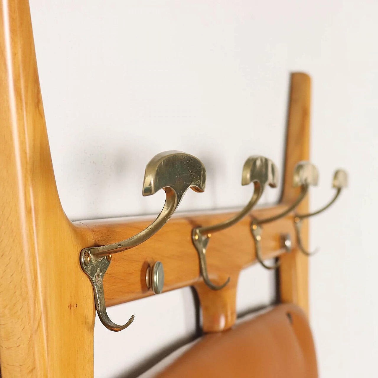Beech and brass wall-mounted coat rack with leatherette covering, 1950s 4