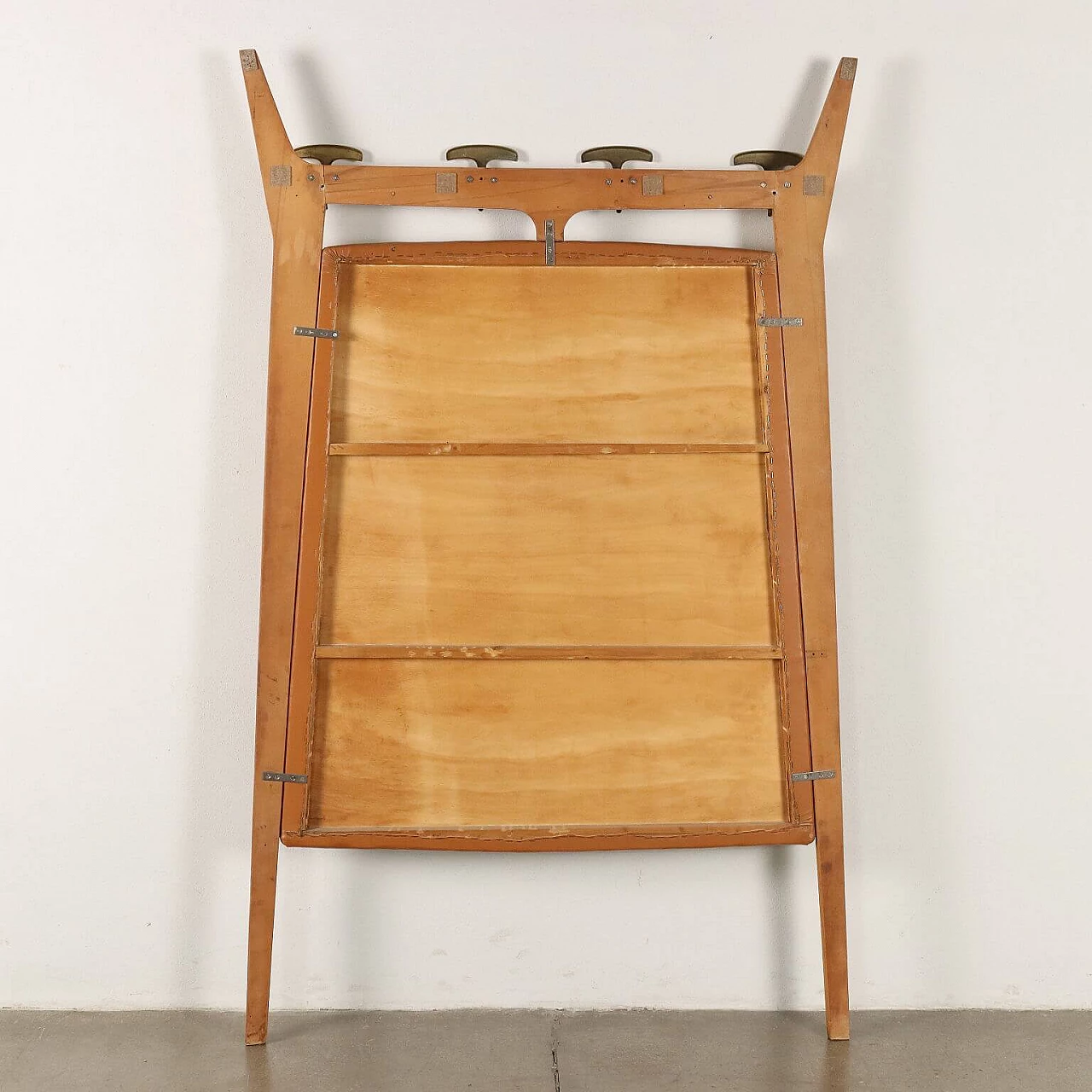 Beech and brass wall-mounted coat rack with leatherette covering, 1950s 7