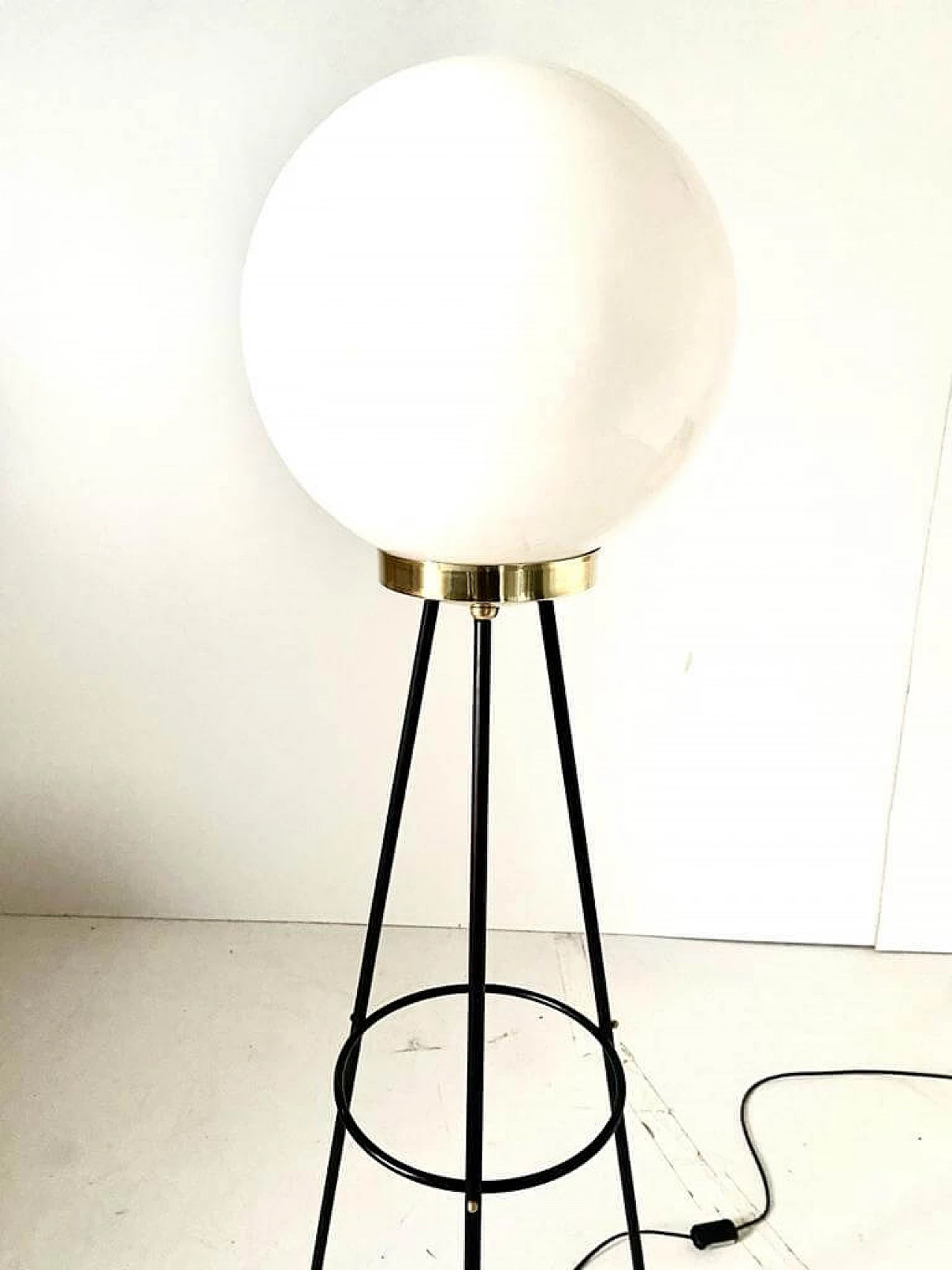 Tripod floor lamp in iron, brass and opaline glass by Stilnovo, 1950s 2