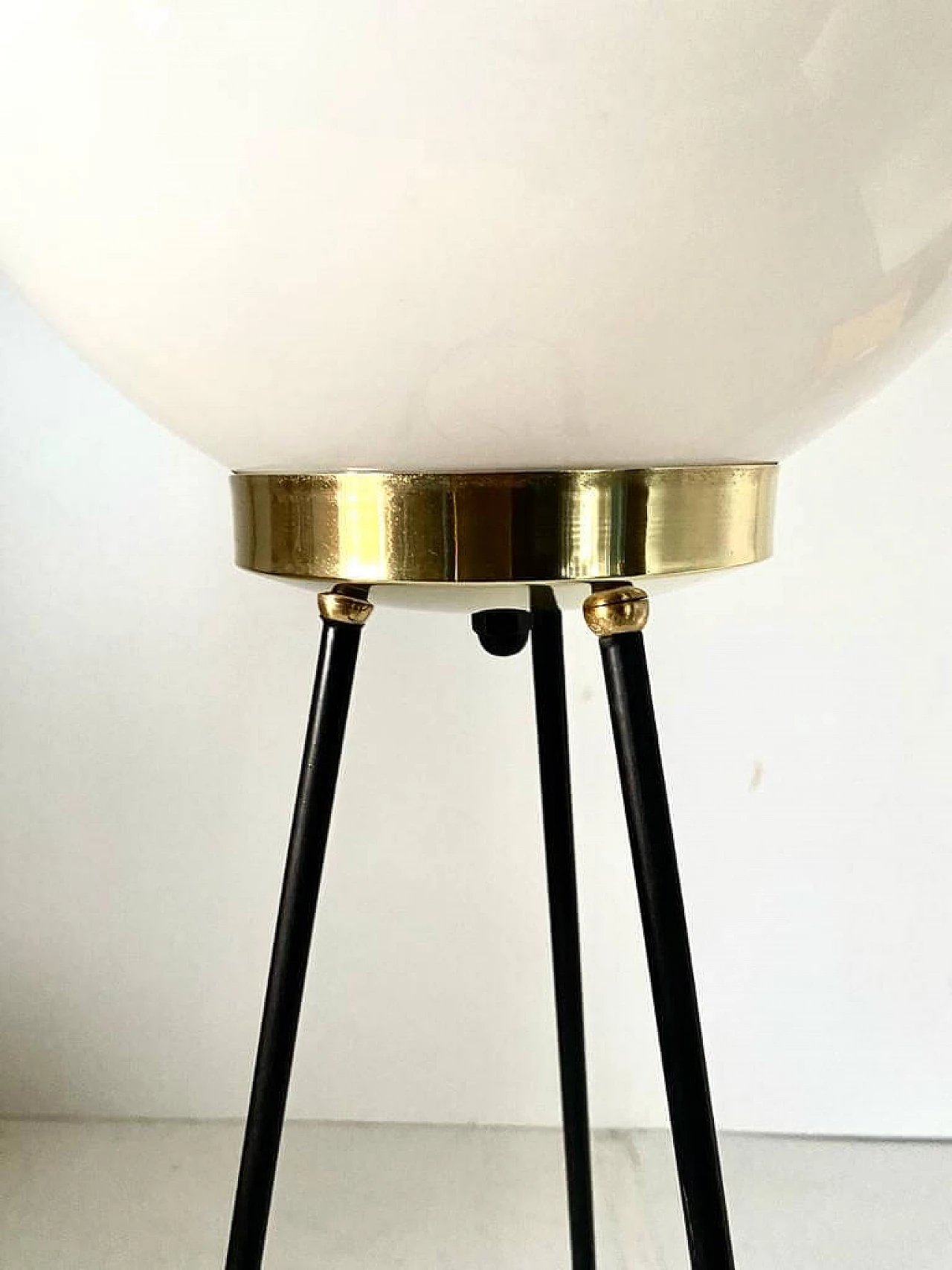 Tripod floor lamp in iron, brass and opaline glass by Stilnovo, 1950s 4