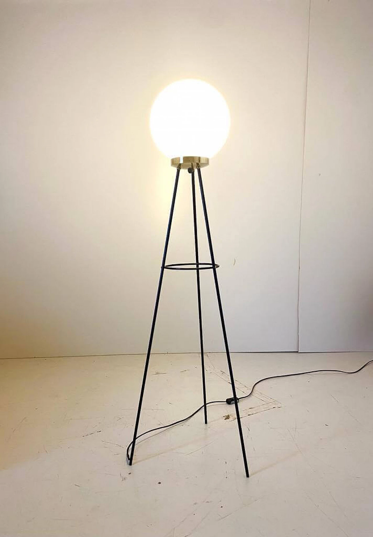 Tripod floor lamp in iron, brass and opaline glass by Stilnovo, 1950s 5