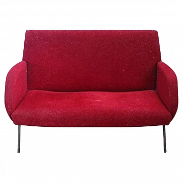 Metal frame sofa with terry cloth upholstery and red bouclé wool cover, 1950s