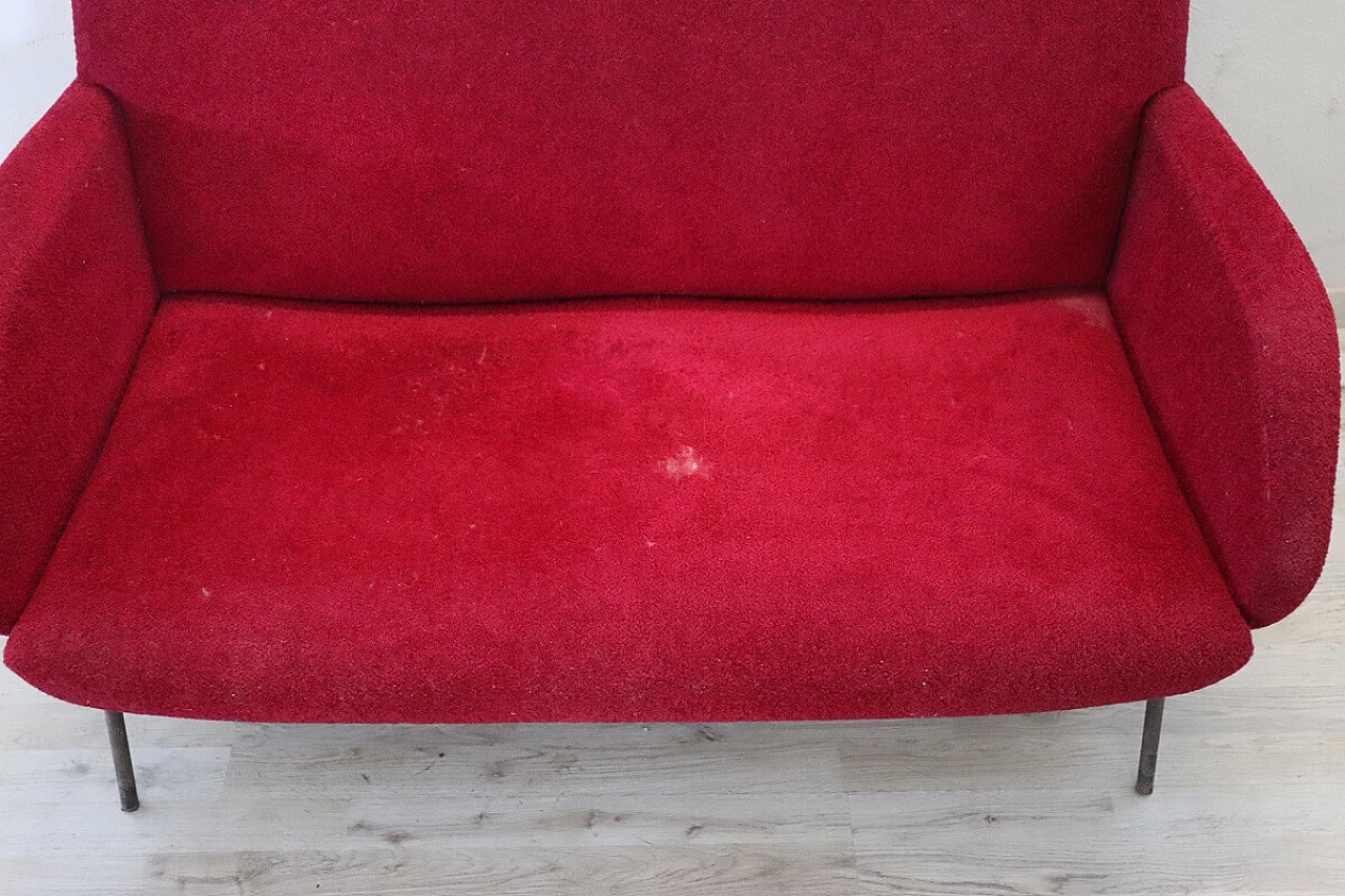 Metal frame sofa with terry cloth upholstery and red bouclé wool cover, 1950s 3