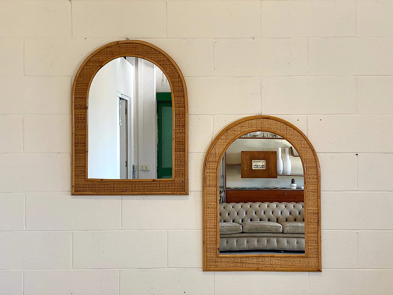 Pair of wicker and bamboo mirrors by Dal Vera, 1970s 1