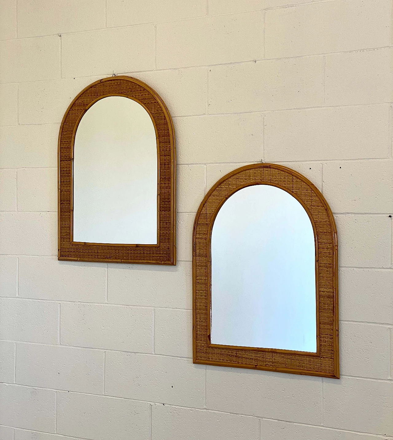 Pair of wicker and bamboo mirrors by Dal Vera, 1970s 4