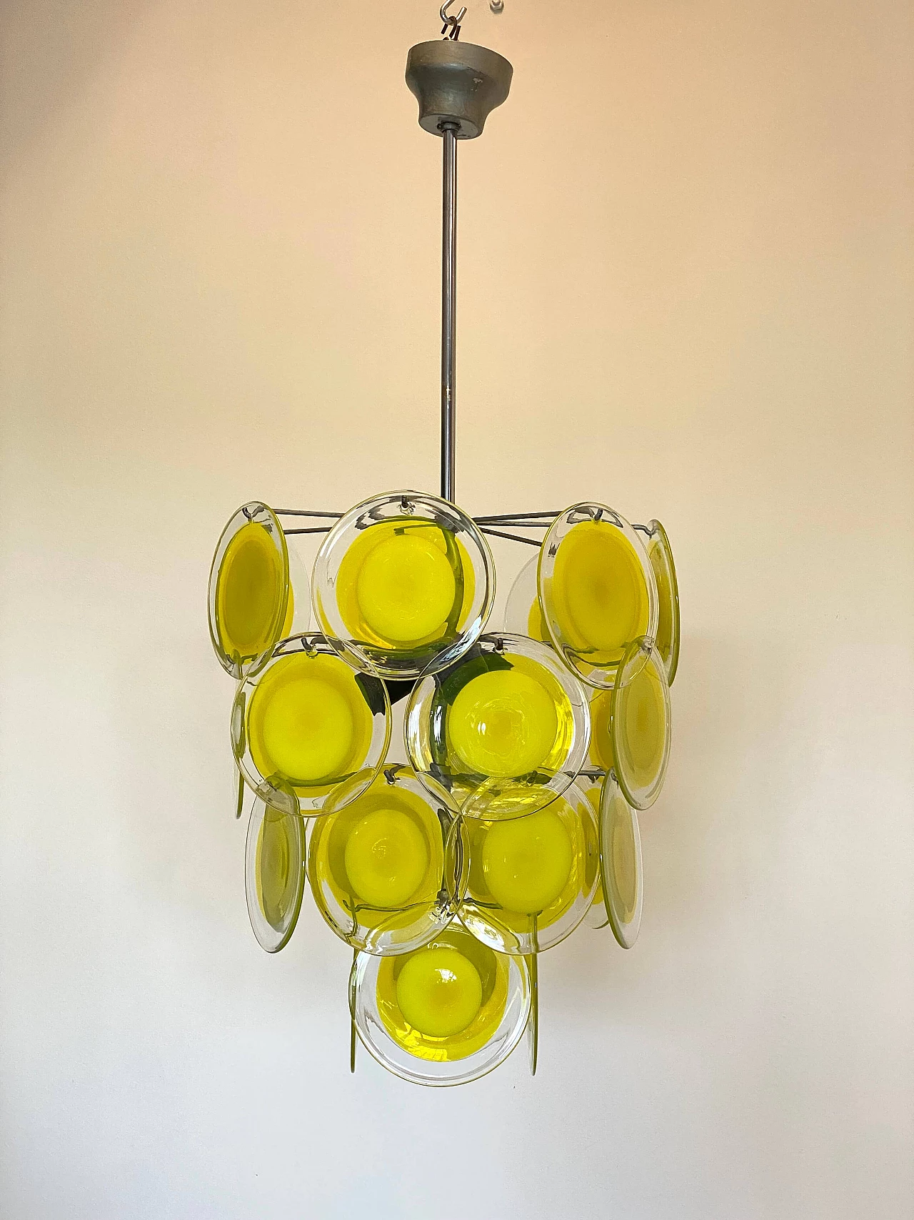 Lampadario in ferro e acciaio con dischi in vetro di Vistosi, anni '60 11