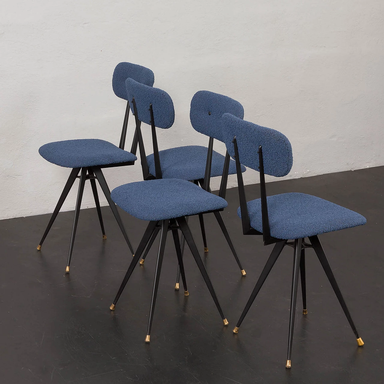 4 Chairs in black lacquered metal and blue bouclé fabric, 1960s 5
