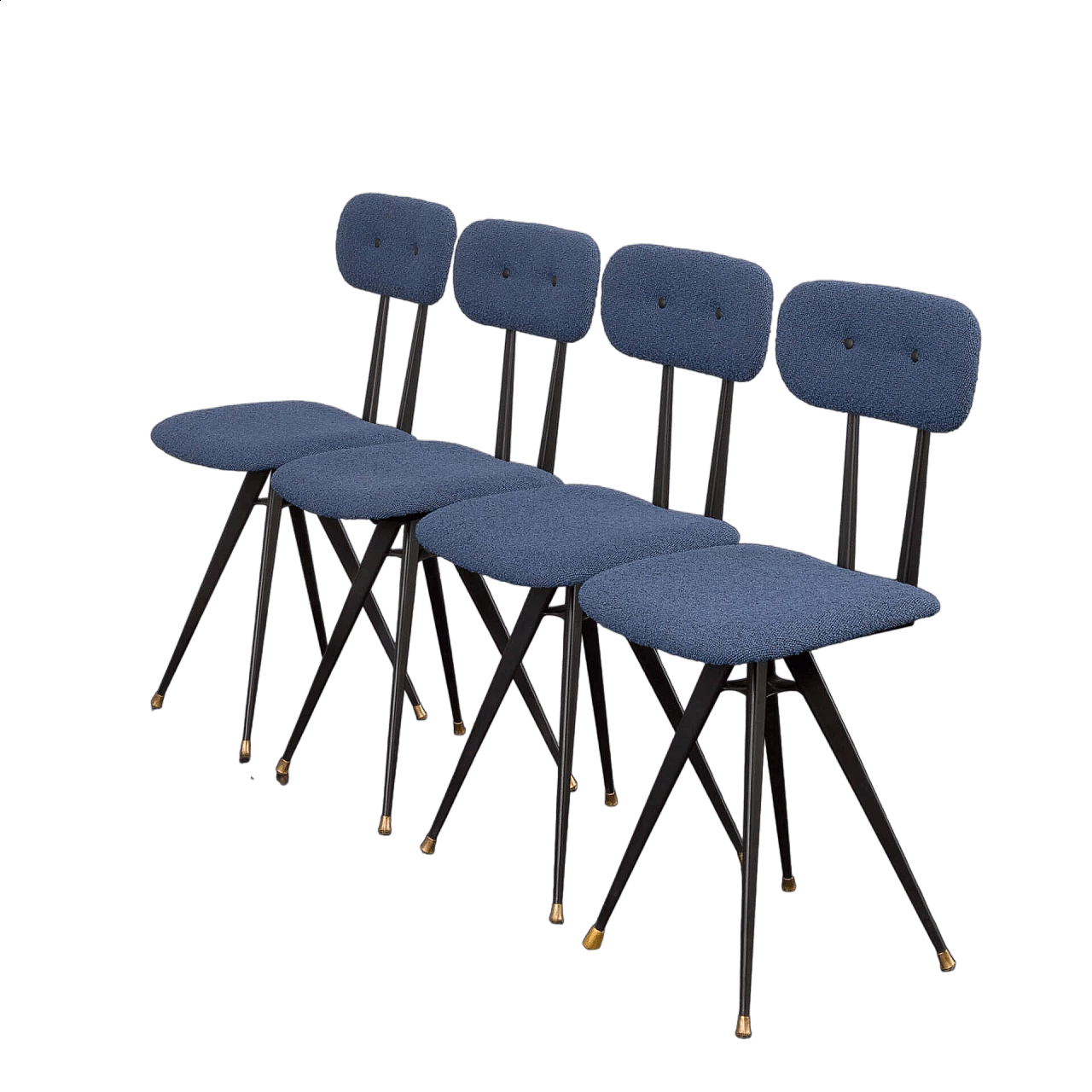 4 Chairs in black lacquered metal and blue bouclé fabric, 1960s 20