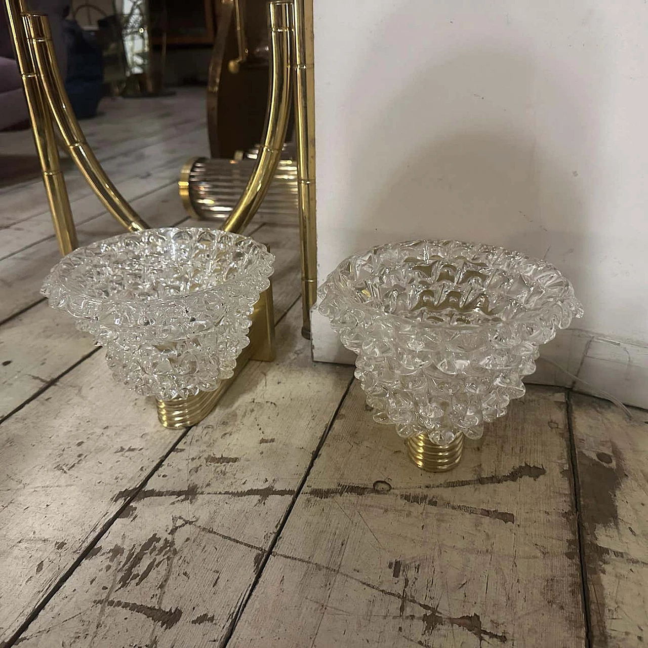 Pair of rosted Murano glass wall lamps in Barovier style, 1980s 2