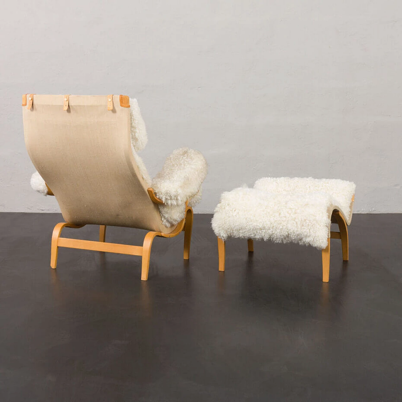 Sheepskin footstool Pernilla armchair with by Bruno Mathsson, 1960s 4