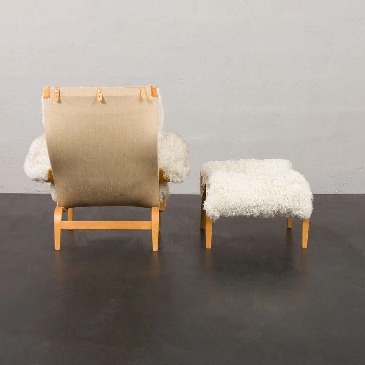 Sheepskin footstool Pernilla armchair with by Bruno Mathsson, 1960s 5