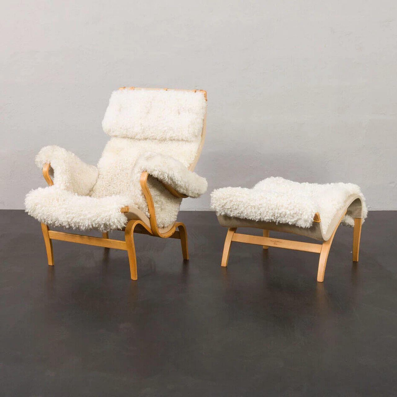 Sheepskin footstool Pernilla armchair with by Bruno Mathsson, 1960s 7