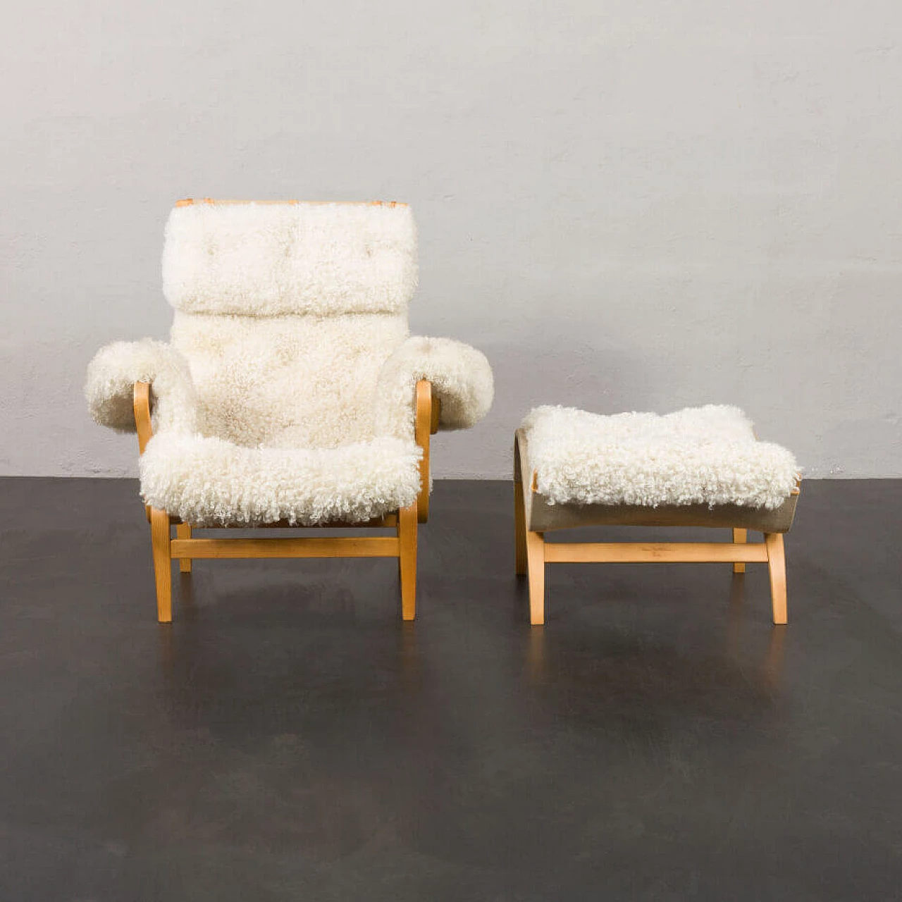 Sheepskin footstool Pernilla armchair with by Bruno Mathsson, 1960s 8