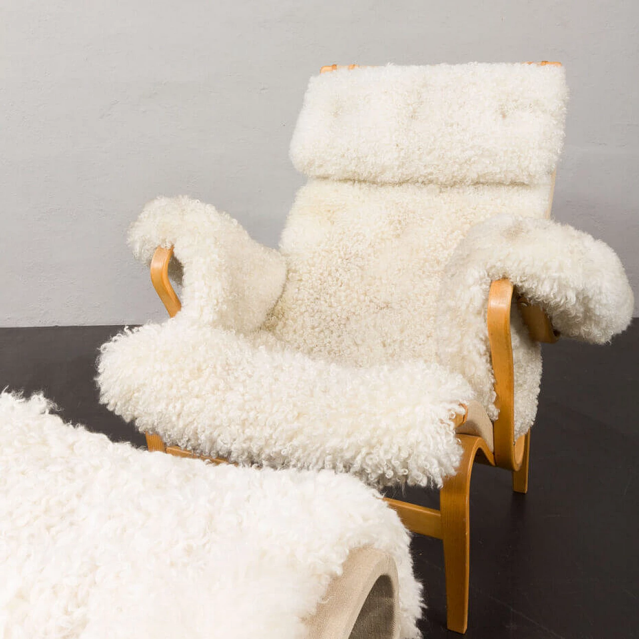 Sheepskin footstool Pernilla armchair with by Bruno Mathsson, 1960s 14