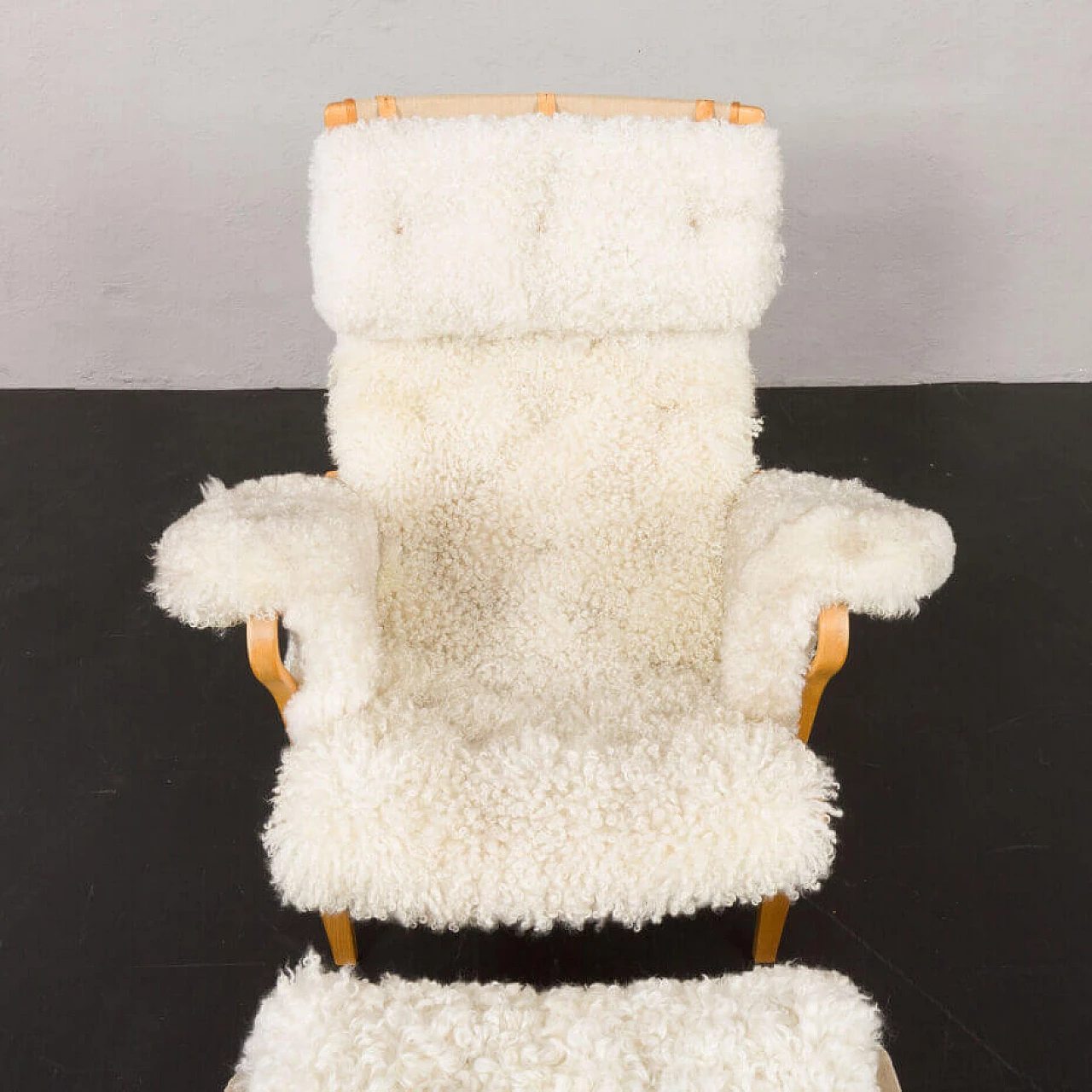 Sheepskin footstool Pernilla armchair with by Bruno Mathsson, 1960s 16