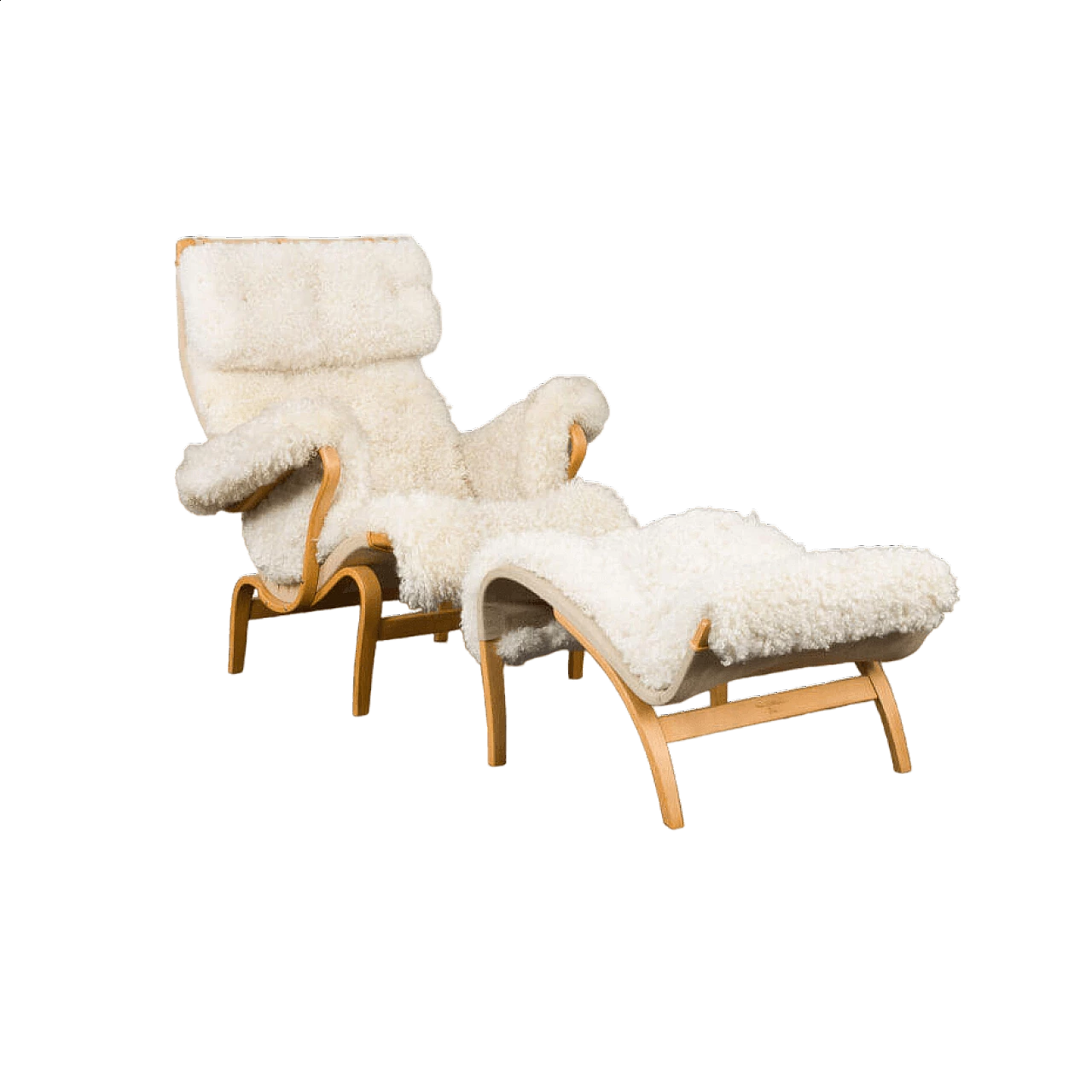 Sheepskin footstool Pernilla armchair with by Bruno Mathsson, 1960s 18