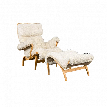 Sheepskin footstool Pernilla armchair with by Bruno Mathsson, 1960s