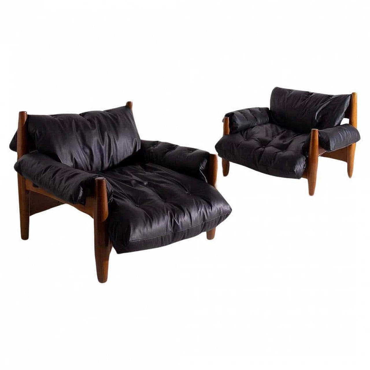 Pair of black leather Sheriff armchairs by Sergio Rodrigues, 1960s 3
