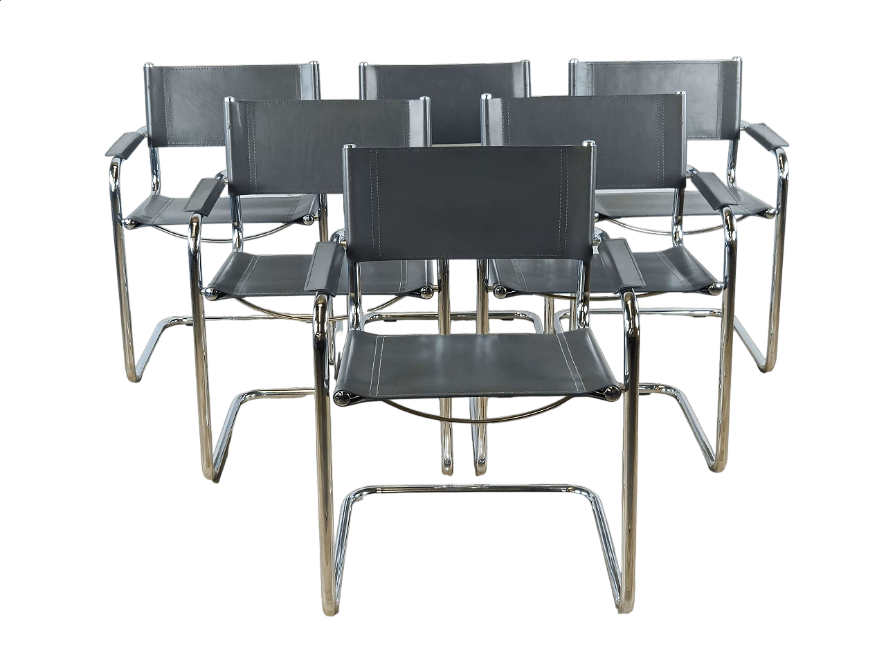 6 Poltrone stile Bauhaus in acciaio tubolare e pelle grigia, anni '70 27